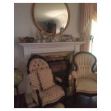 Carved Antique chairs, 19th Century gold gilt mirror