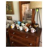 Antique Oak Dresser with glass knobs, Vintage Souting Coffee Mugs 
