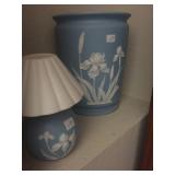 Blue and White Trash Can and Table Lamp