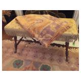 Antique Needlepoint Covered Glass Ball / Claw Footed Turned Leg Fireplace Bench, Silk Area Rug 