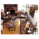 Mid-century sofa and chair, lamps, coffee table and decorative items