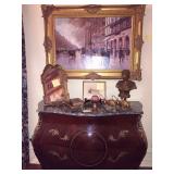 dark green marble topped ormolu adorned Louis XV Bombe styled chest of drawers
