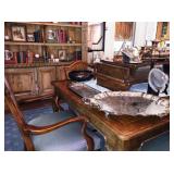 French Country bookcase with craved roses and dining table with 2-18" leaves