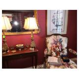 Hand carved chair, several Baroque gold leaf mirrors