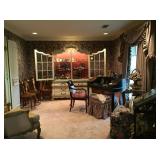 China cabinet loaded w decoratives, black lacquer chinoiserie motif curved writing desk w chair