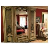 Antique Country French oversized armoire hand carved pickeled finish rose adorned