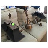 Large Light fixture, brass with black metal shades and swan motif