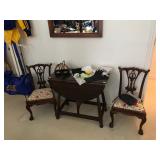 Mahogany small antique drop leaf side table and 2 mahogany carved childs chairs