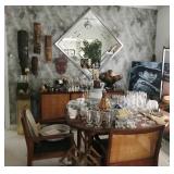 Dining Room Full of Stemware and Large Mid Century Beveled Mirror