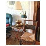 Hickock side chair with rush seat, brass floor lamps and tv trays