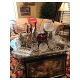 Beveled Glass and Iron Coffee Table (36x48) and Large collection of Crystal Bowls, etched and bri