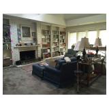 Matching denim chairs & ottoman, sofa table, pair of lamps, books