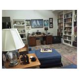 Desk, ginger jar glass lamp, office supplies