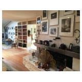 Signed framed black & white photos, brass fireplace fan, decoratives