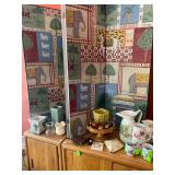 Large Hand painted wooden folk art screen and an assortment of antique Pitc...  