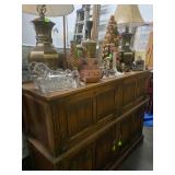 Carved Oak Buffet or Bar, inside cabinet is red leather inserts