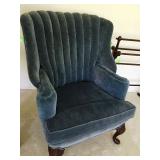 Blue velvet wing back chair