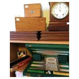 Wooden boxes, mantel clock, backgammon set
