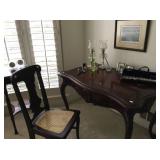 Small desk, cane bottom chair, pair small lamps, flute