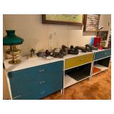 Mid-century cabinets with matching twin headboard, collection of duck decoys 