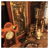 Clock, brass candlesticks and decoratives