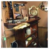 Banister cabinet, Old telephone, crock, globe