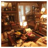Leather sofa, lamps, rugs, clocks, accent pieces