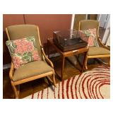 3 Matching rocking chairs, one with burnt orange fabric, 2 with moss green fabric