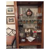Vintage book case with cut glass, matiching pari of bar stools 