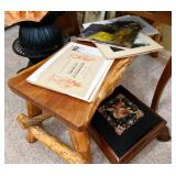 Hand Carved Wooden Bench and Antique Needlepoint footstool