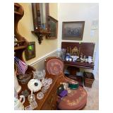 Victorian Needlepoint chair, antique cherry wood parlor table, original oil paintings
