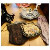 Antique Ink Well Set, Antique Beaded Purses