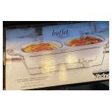 Circleware Kitchen serving pieces, 2 qt double covered casserole dishes with warming racks