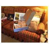 Mid-century sofa, crocheted quilting pieces