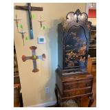 Antique Asian Black Lacquer Cabinet and several Decorative Crosses