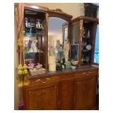 Antique French Inlaid China Cabinet made of Burlwood with Marble Top and Gold Filigree