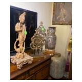 Asian Carved Sandstone Figurines, Large Asian Vase, Brass Laced Basket