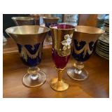 Blue and Red Gold Gilded Glassware from Czech Republic