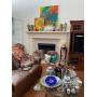 Living Area full of Art, Blue and White pottery, leather couches and more