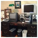 Electronics, desk and television