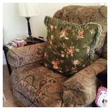 Fabric covered chair, pillow, lamp and occasional table