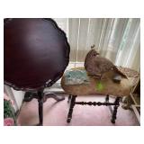 Antique Occasional Table and original feather and bark Peacock