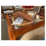 Huge square glass coffee table wrapped in burnt orange suede 1980s