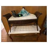 Ethan Allen bench, Bamboo style bench and Antique Porcelain Doll