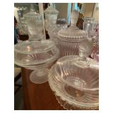 Duncan & Miller artistic glass bowls with decorative Three-Face handles on the lids, 1930s