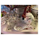 Pansy decorated Tea Pot, spoon rest, glassware and strainer