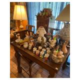 Antique Square table loaded with collections, Owl, Eggs