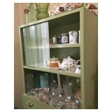 Mid-century cabinet, crystal, glassware, tea pots
