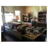Twin bed, blankets, linens, decoratives