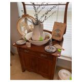 Antique Oak Wash Stand with Ironstone pitcher and wash basin